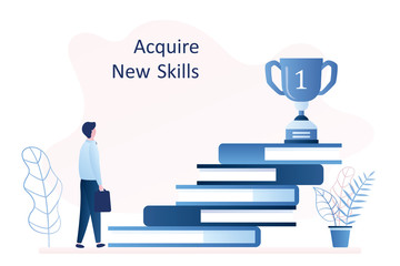 Stack of books and winner cup on top,businessman with bag,acquire new skills