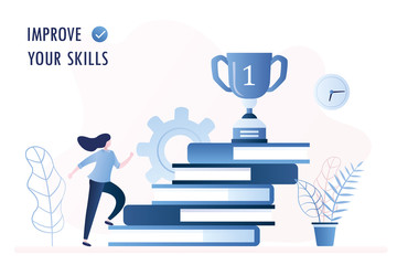 Stack of books and winner cup on top,businesswoman or student climbs the stairs,