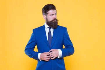 Fototapeta premium Brutal simplicity of thought. Businessman concept. Confident businessman handsome bearded man in formal suit. Successful businessman top manager. Serious motivated entrepreneur. Business strategy