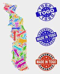 Vector handmade combination of Togo map and rubber stamp seals. Mosaic Togo map is created with scattered bright colored hands. Rounded watermarks with distress rubber texture.