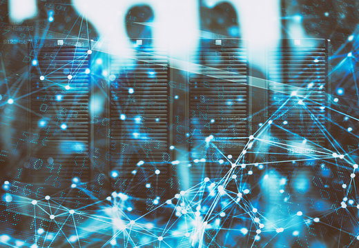 Concept of safety in a data center room with database server and network effects