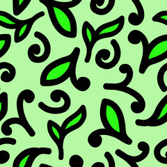 Green background seamless leaves and curlicues. Vector