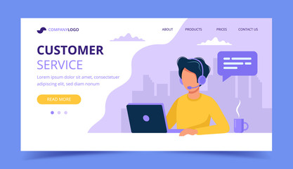 Customer service landing page. Man with headphones and microphone with computer. Concept illustration for support, assistance, call center. Vector illustration in flat style