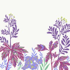 Vector floral seamless border frame isolated on white. Botanical drawing of meadow flowers, foliage, stems, herbs and leaves. Seamless floral rim, band for cards, wedding or postcard. 