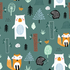Seamless childish pattern with cute bear, fox, hedgehogs in the wood. Creative kids scandinavian style texture for fabric, wrapping, textile, wallpaper, apparel. Vector illustration
