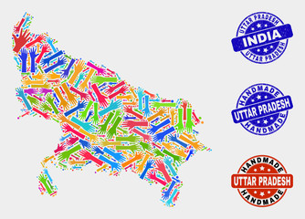 Vector handmade composition of Uttar Pradesh State map and grunge stamp seals. Mosaic Uttar Pradesh State map is constructed of scattered bright colorful hands.