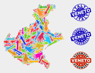 Vector handmade composition of Veneto region map and grunge stamp seals. Mosaic Veneto region map is done with randomized bright colorful hands. Rounded stamp imprints with grunge rubber texture.