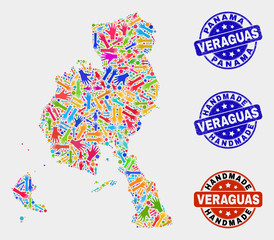 Vector handmade composition of Veraguas Province map and unclean watermarks. Mosaic Veraguas Province map is made of randomized bright colored hands. Rounded seals with unclean rubber texture.