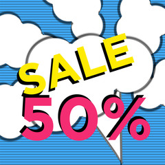 Blue cartoon 50% Sale banner template design. Big sale special offer. Special offer banner for poster, flyer, brochure, sticker. Vector illustration.