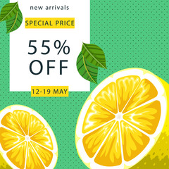 Lemon fruit slice with 55% summer Sale banner template design. Big sale special offer. Citrus lemon on green dotted background. Special offer banner for poster, flyer, brochure. Vector illustration.