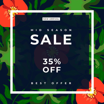 Tropical floral background with white stroke frame. 35% Sale banner template design. Big sale special offer. Tropical red flower petal Special offer banner for poster, flyer. Vector illustration.