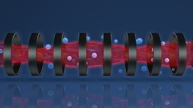 3D rendering of plasma generator. Tokamak thermonuclear reactor with a flow of high-temperature plasma in an annular magnetic field with lightning discharges. 3D image, futuristic.