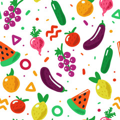 Hand drawn fruit and vegetables seamless pattern in doodle style. Cute and colorful. Concept illustration for organic, bio, fresh food.