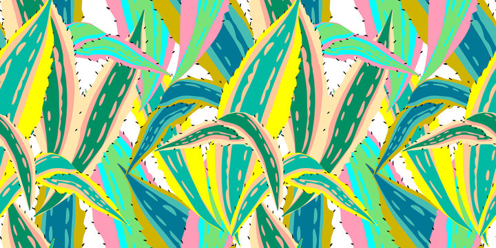 Vector seamless pattern with drawing agava leaves bright fantasy color. Artistic botanical illustration, isolated floral elements, hand drawn illustration. Repeatable baackground with cactus.
