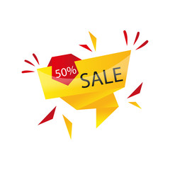 Yellow folded ribbon with red elements. 50% Sale banner template design. Big sale special offer. Special offer banner for poster, flyer, brochure, sticker. Yellow ribbon Vector illustration.