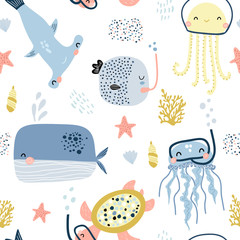 Seamless pattern with cute undersea inhabitants in masks. Creative childish background. Perfect for kids apparel,fabric, textile, nursery decoration,wrapping paper.Vector Illustration