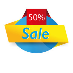 Yellow red ribbons on blue round shape. 50% Sale banner template design. Big sale special offer. Yellow blue Special offer banner for poster, flyer, brochure, sticker. Vector illustration.