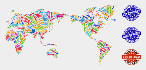 Vector handmade collage of world map and rubber stamp seals. Mosaic World map is created with scattered bright colorful hands. Rounded seals with unclean rubber texture.
