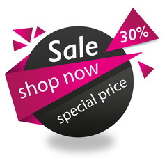 Purple ribbon on round black element. Sale banner template design. Big sale special offer. Special offer banner for poster, flyer, brochure, sticker. Vector illustration.