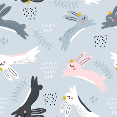 Nahtloses kindisches Muster mit springenden Kaninchen in der Krone. Kreative Kinderzimmer Textur. Perfekt für Kinderdesign, Stoffe, Verpackungen, Tapeten, Textilien, Bekleidung