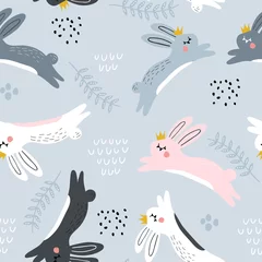 Foto auf Acrylglas Mädchenzimmer Nahtloses kindisches Muster mit springenden Kaninchen in der Krone. Kreative Kinderzimmer Textur. Perfekt für Kinderdesign, Stoffe, Verpackungen, Tapeten, Textilien, Bekleidung