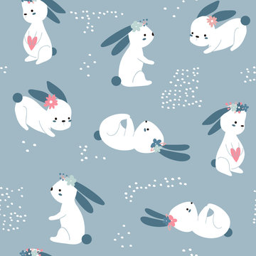Seamless Easter childish pattern with cute rabbits. Creative spring kids texture for fabric, wrapping, textile, wallpaper, apparel. Vector illustration