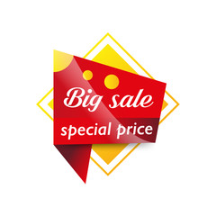 Red folded ribbon with yellow abstract elements. Special PriceSale banner template design. Big sale special offer. Special offer banner for poster, flyer, brochure. Red ribbon vector illustration.
