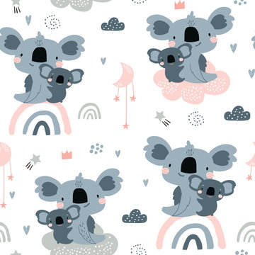 Seamless pattern with cute koala momm with baby on rainbows. Creative childish background. Perfect for kids apparel,fabric, textile, nursery decoration,wrapping paper.Vector Illustration