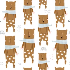 Photo sur Plexiglas Style scandinave Modèle sans couture avec des ours drôles en barboteuses. Texture enfantine créative dans un style scandinave. Idéal pour le tissu, textile Vector Illustration