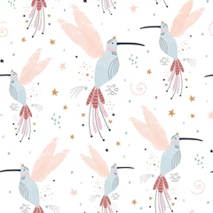Fotobehang Scandinavische stijl Naadloos kinderachtig patroon met fairy colibi, sterren. Creatieve Scandinavische stijl kinderen textuur voor stof, verpakking, textiel, behang, kleding. vector illustratie