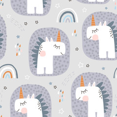 Seamless pattern with cute fairy unicorns and rainbows. Creative childish background. Perfect for kids apparel,fabric, textile, nursery decoration,wrapping paper.Vector Illustration