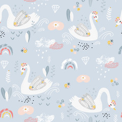Seamless pattern with cute fairy swans and rainbows. Creative childish background. Perfect for kids apparel,fabric, textile, nursery decoration,wrapping paper.Vector Illustration
