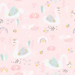 Wall murals Out of Nature Seamless pattern with cute fairy swans and rainbows. Creative childish background. Perfect for kids apparel,fabric, textile, nursery decoration,wrapping paper.Vector Illustration