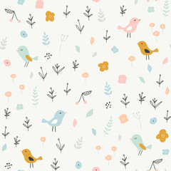 Motif enfantin sans couture avec de minuscules oiseaux et éléments floraux. Texture créative pour enfants de style scandinave pour tissu, emballage, textile, papier peint, vêtements. Illustration vectorielle