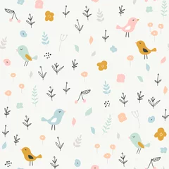 Fotobehang Scandinavische stijl Naadloos kinderachtig patroon met kleine vogels en bloemenelementen. Creatieve Scandinavische stijl kinderen textuur voor stof, verpakking, textiel, behang, kleding. vector illustratie
