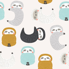 Seamless pattern with cute sloths. Creative good night background. Perfect for kids apparel,fabric, textile, nursery decoration,wrapping paper.Vector Illustration