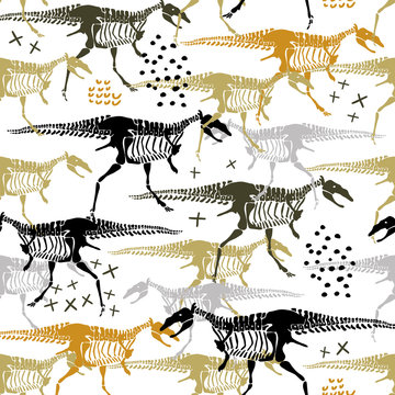 Seamless childish pattern with dinosaur skeleton. Creative texture for boys. Great for fabric, textile Vector Illustration