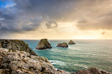 The rocks on Beg Pen Hir at sunset in the crozon peninsula, Finistere department, Camaret-sur-Mer....