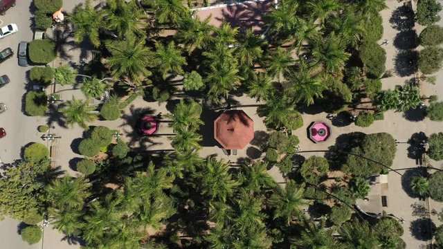 Aerial Drone View of the central square of El Fuerte town, Sinaloa, Mexico