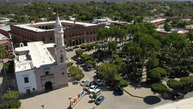 Aerial Drone View of the central square, church and town hall of El Fuerte town, Sinaloa, Mexico