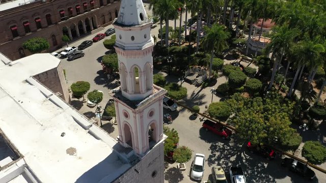 Aerial Drone View of the central square, church and town hall of El Fuerte town, Sinaloa, Mexico