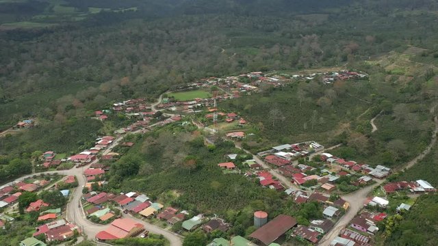 Aerial Drone view over the coffee plantation community of Aquiares, Costa Rica