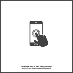 The hand clicks on the button smartphone. Cursor icon on white isolated background.  Layers grouped for easy editing illustration. For your design.