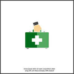 Obraz premium Vector icon indicates the presence with hand of first-aid. Doctor. First Aid Kit. Vector icon illustration on white isolated background.