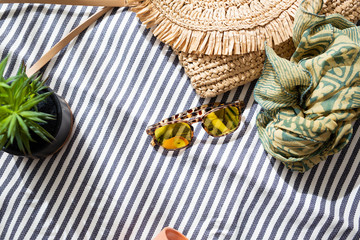 Women's Yellow Lens Sunglasses and Straw Clutch