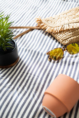 Women's Yellow Lens Sunglasses and Straw Clutch