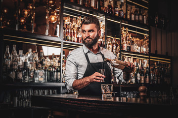 Happy smiling barman is prepairing drinks for customers at posh bar. - obrazy, fototapety, plakaty