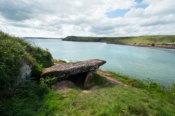 Manorbier Burg-Schloss und gleichnamiger Strand, Wales, großbritannien