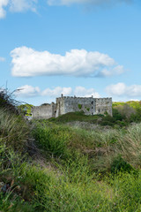 Manorbier Burg-Schloss und gleichnamiger Strand, Wales, großbritannien