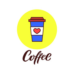Plastic or carton mug and Coffee hand drawn lettering. Flat cartoon vector illustration. Coffee cup for happy International or national Coffee Day. Suitable for card, banner background, logo, icon.